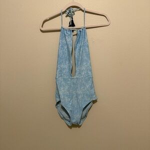 Aerie Light Blue Deep V One Piece Swimsuit